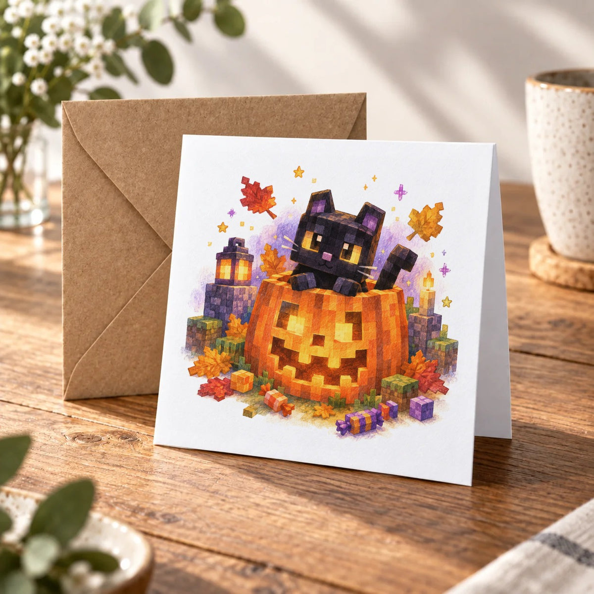 Blocky Fantasy Party - Black Cat on Jack O Lantern Greeting Card – Warm Wood