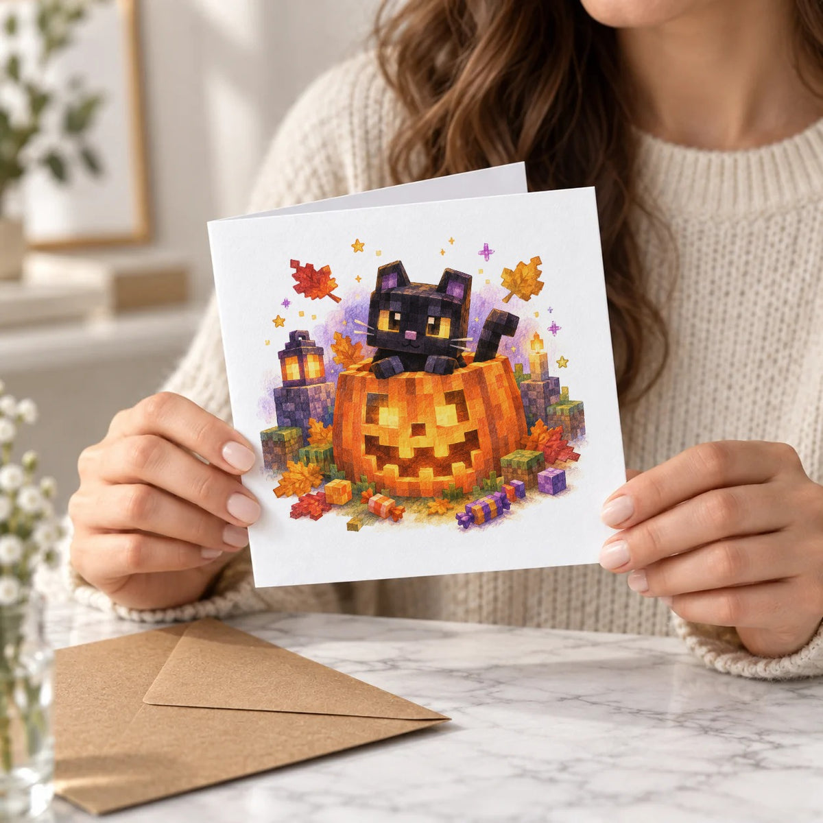 Blocky Fantasy Party - Black Cat on Jack O Lantern Greeting Card – Held Card