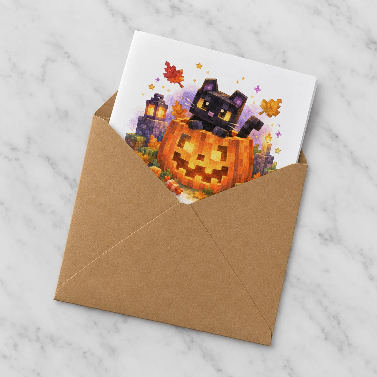Blocky Fantasy Party - Black Cat on Jack O Lantern Greeting Card – Half in Envelope