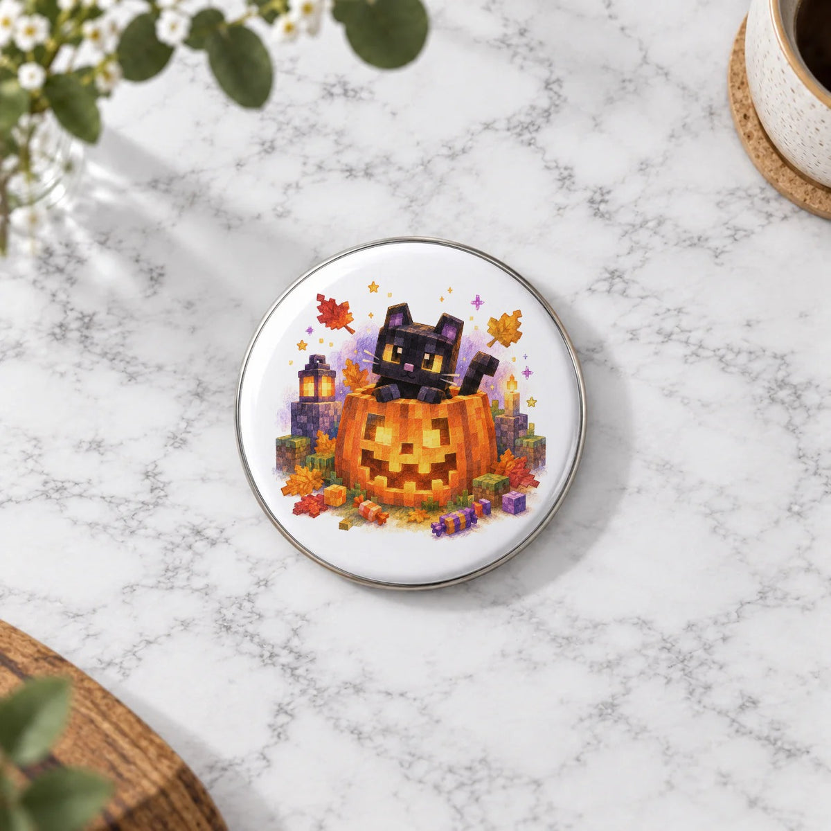 Blocky Fantasy Party - Black Cat on Jack O Lantern Greeting Card – Large Badge
