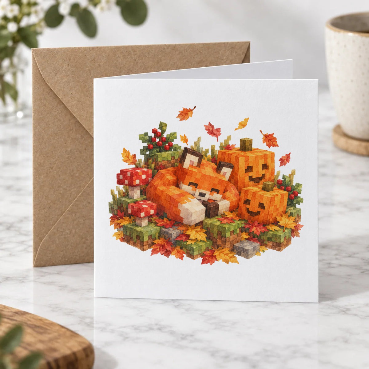 Blocky Fantasy Party - Fox with Autumn Pumpkins Greeting Card – Hero