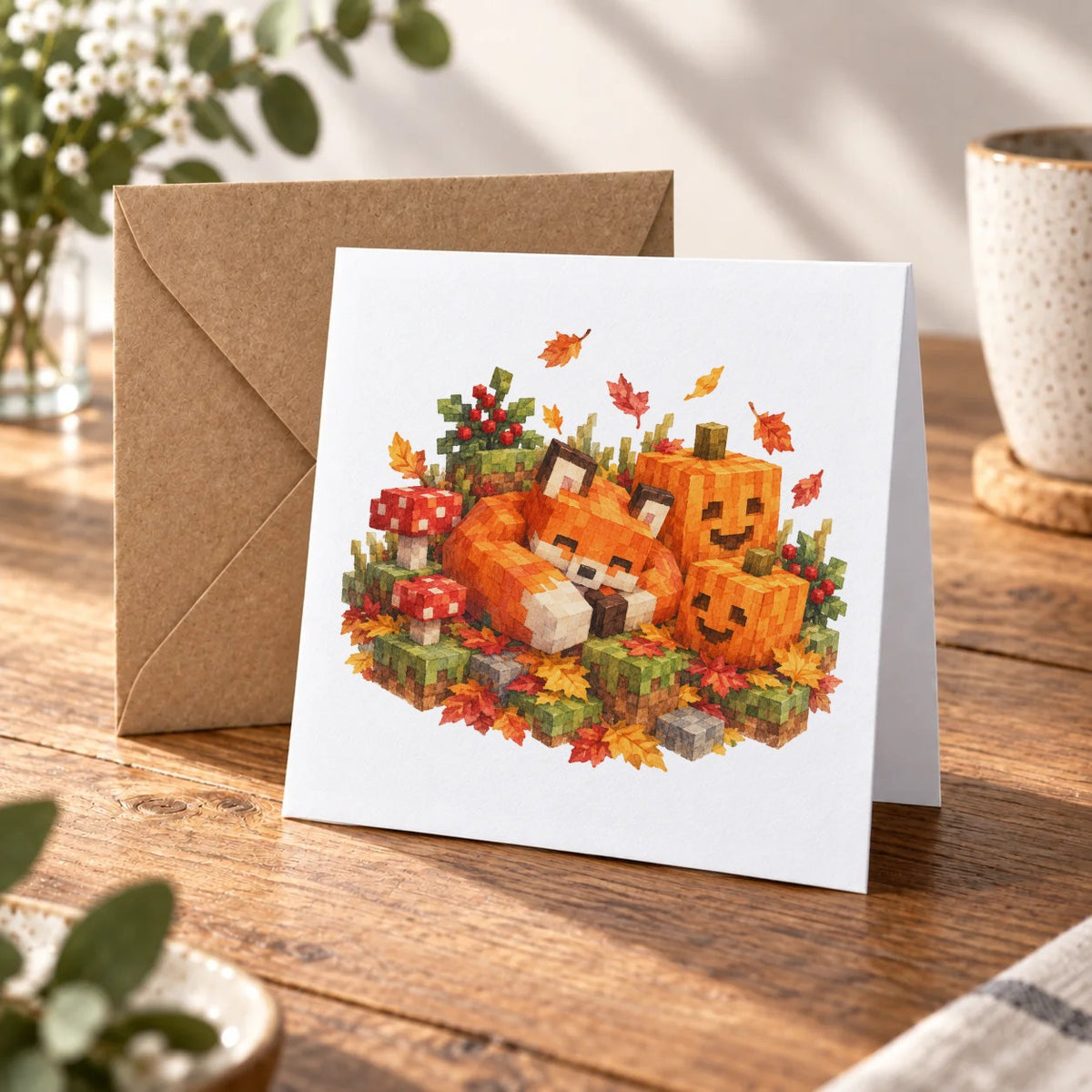 Blocky Fantasy Party - Fox with Autumn Pumpkins Greeting Card – Warm Wood