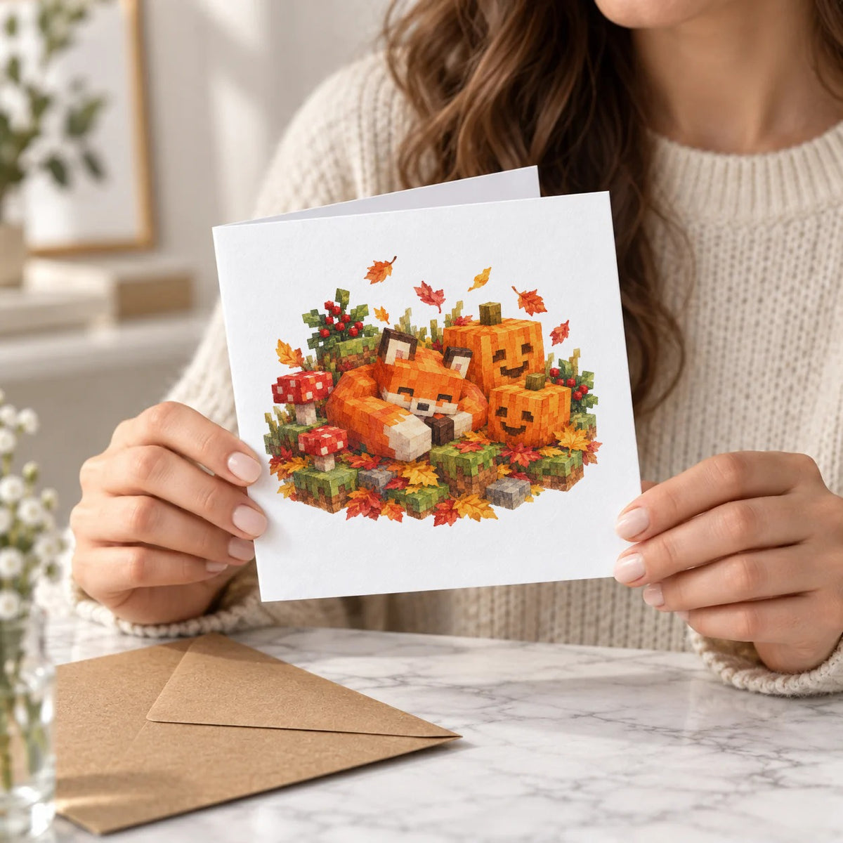 Blocky Fantasy Party - Fox with Autumn Pumpkins Greeting Card – Held Card