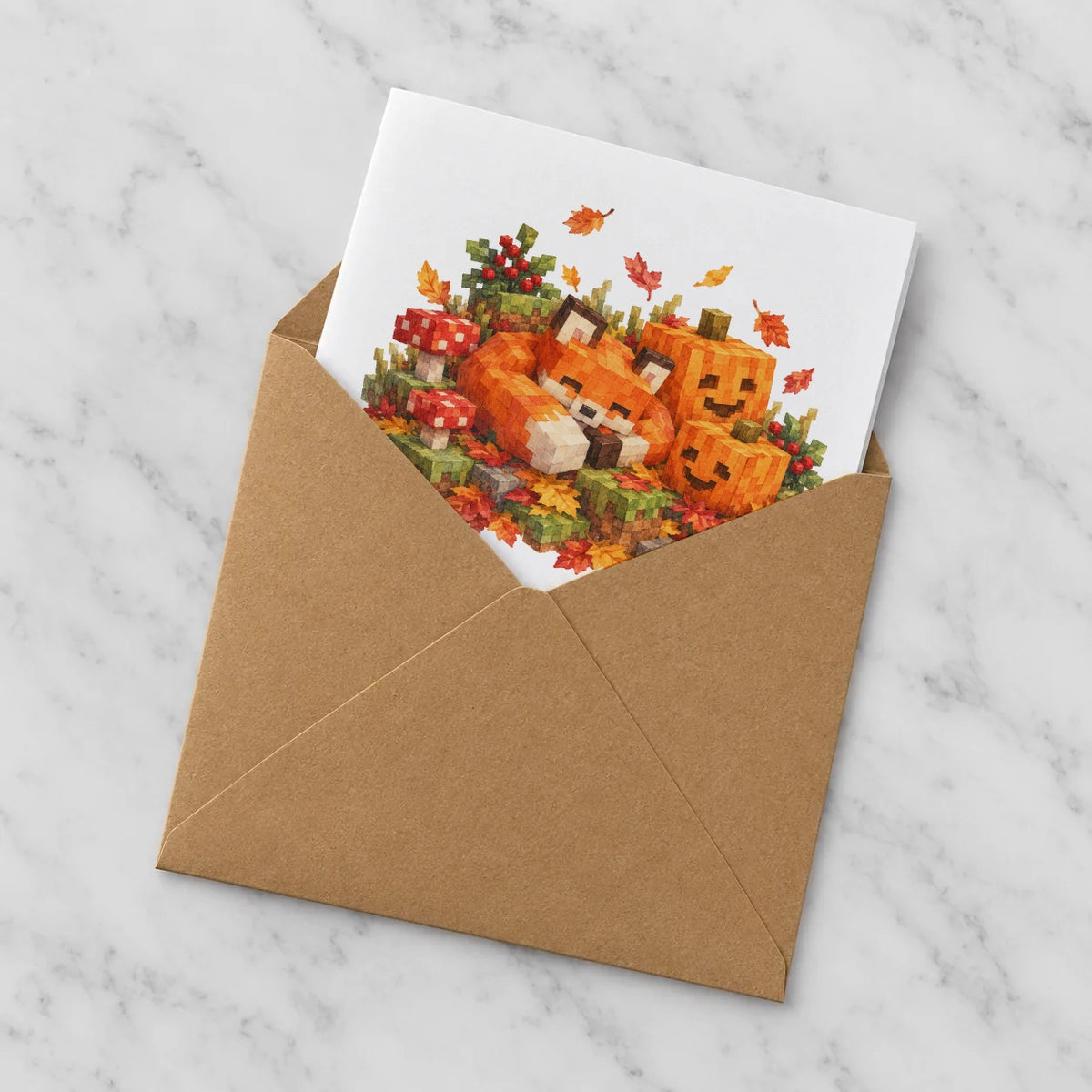 Blocky Fantasy Party - Fox with Autumn Pumpkins Greeting Card – Half in Envelope