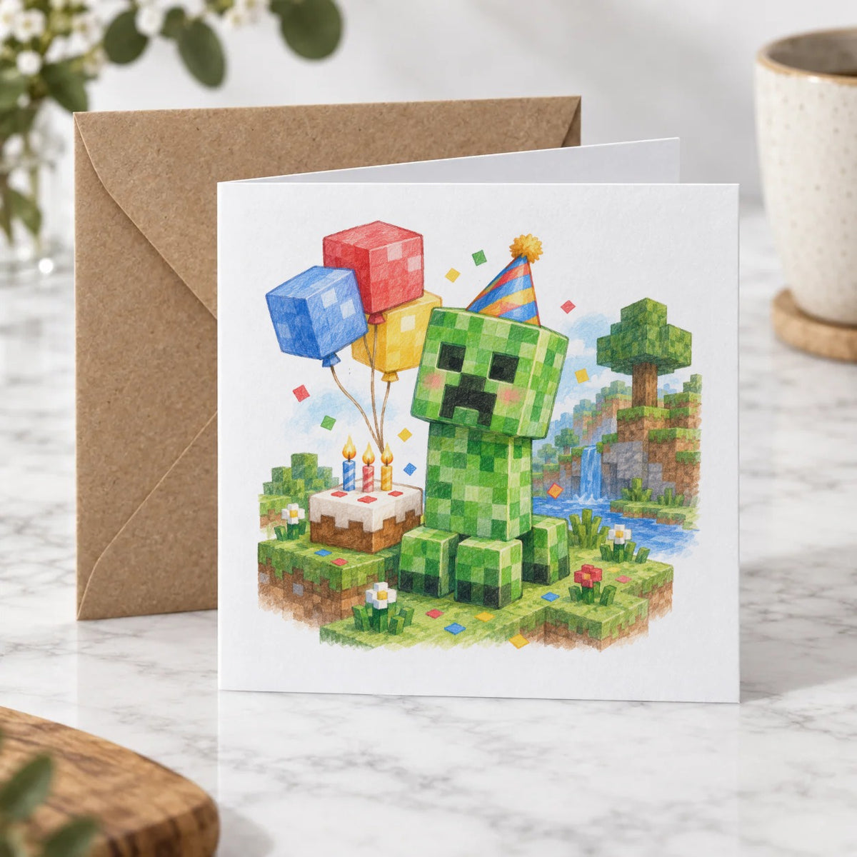 Blocky Fantasy Party - Green Party Creature and Cake Greeting Card – Hero