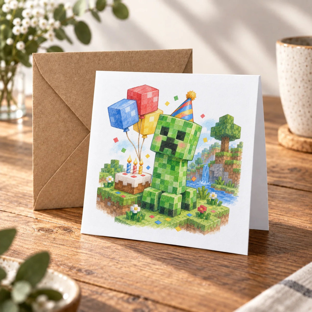 Blocky Fantasy Party - Green Party Creature and Cake Greeting Card – Warm Wood