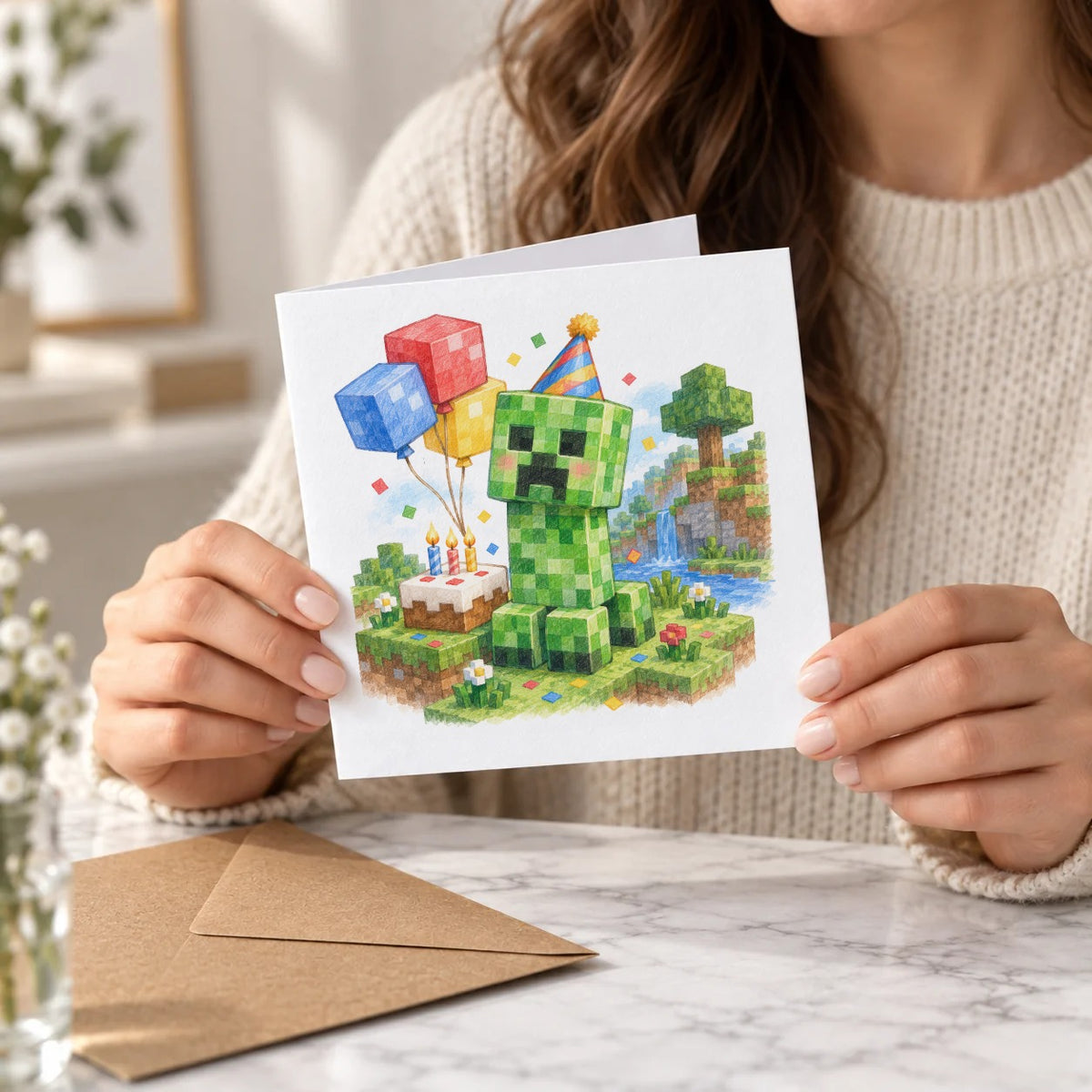 Blocky Fantasy Party - Green Party Creature and Cake Greeting Card – Held Card