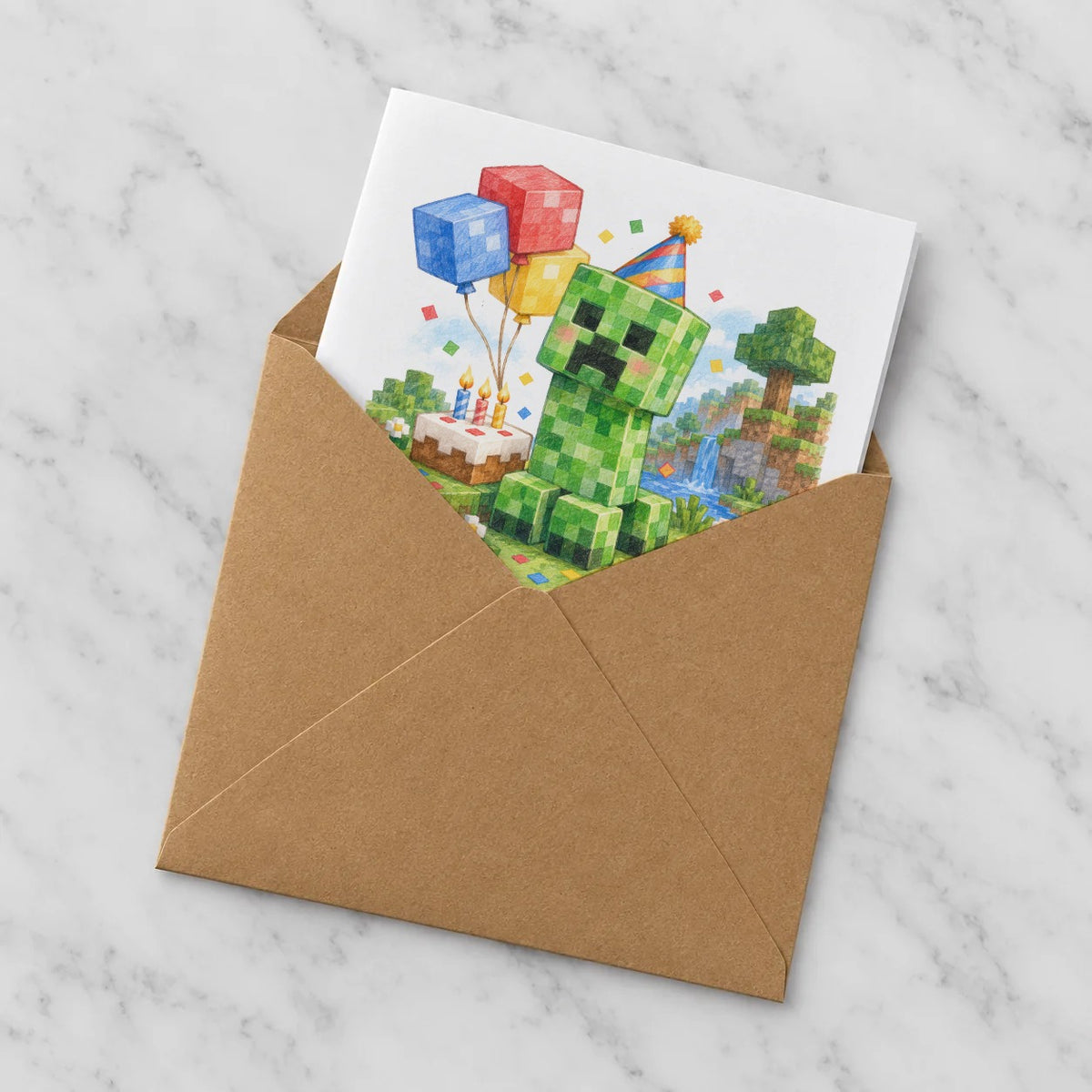 Blocky Fantasy Party - Green Party Creature and Cake Greeting Card – Half in Envelope