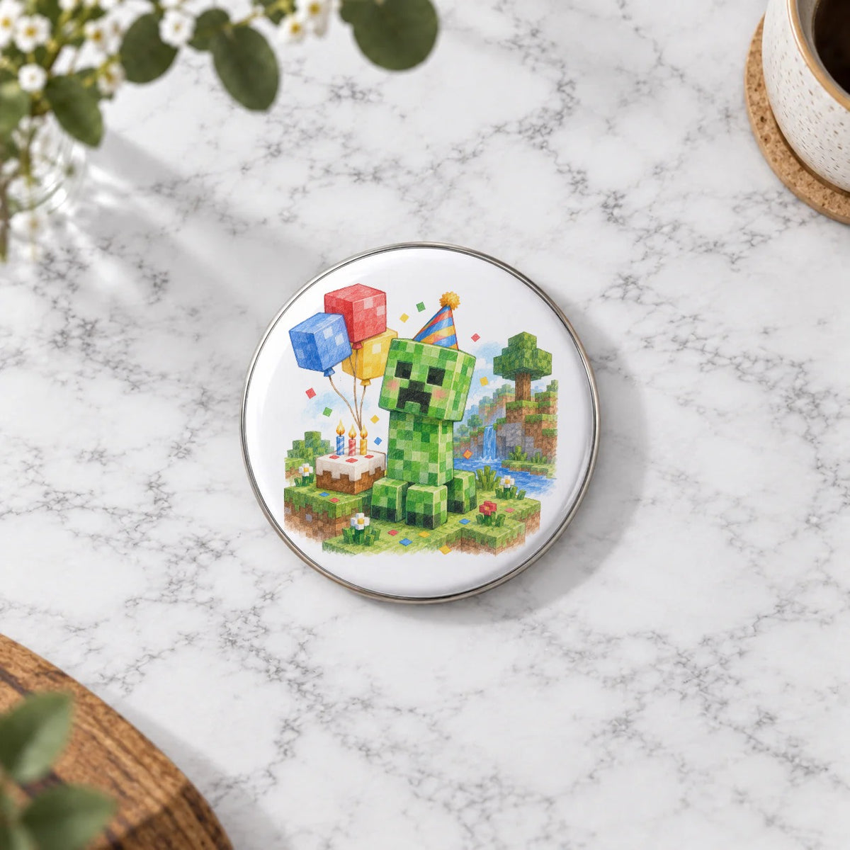 Blocky Fantasy Party - Green Party Creature and Cake Greeting Card – Large Badge