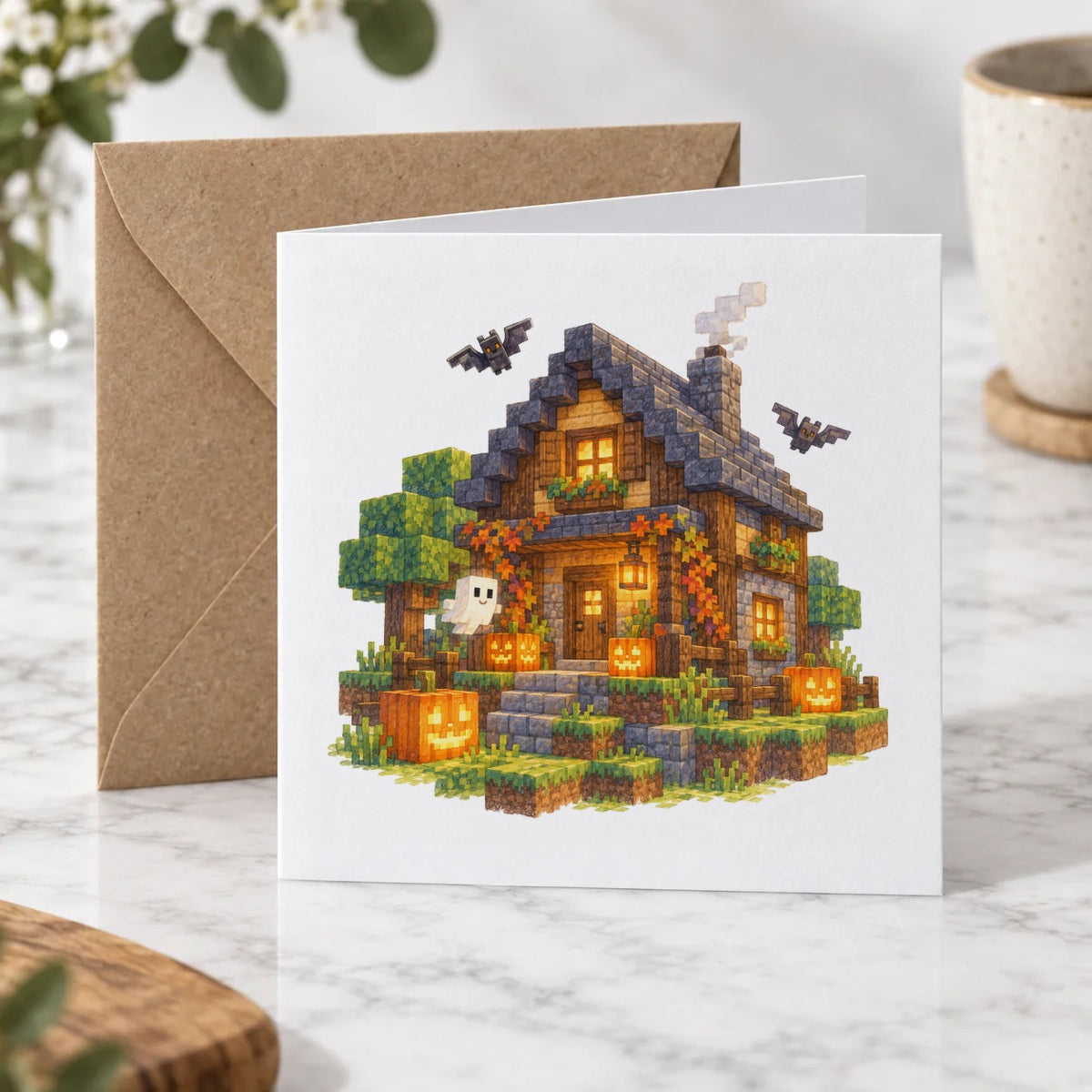 Blocky Fantasy Party - Halloween Cottage Greeting Card – Hero