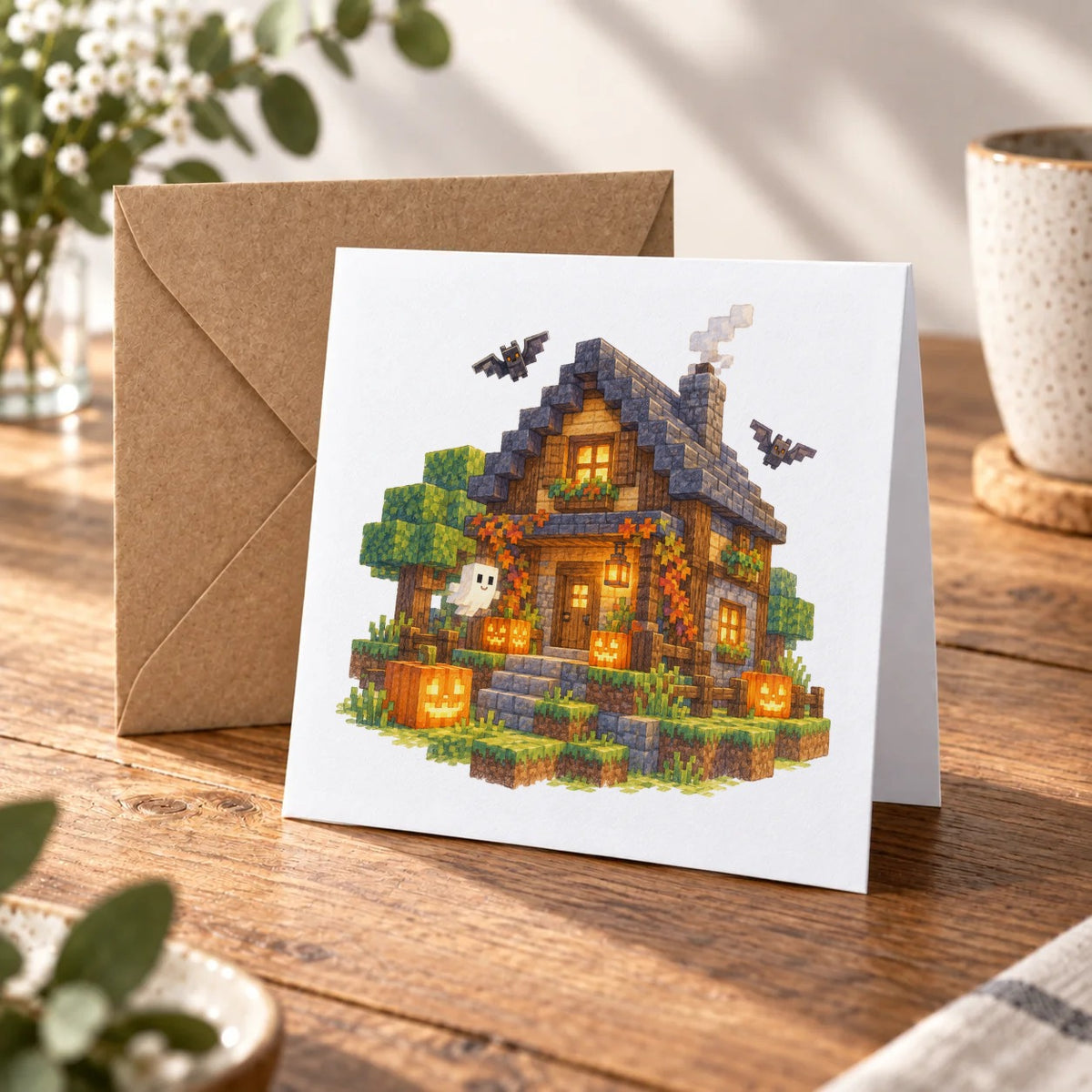 Blocky Fantasy Party - Halloween Cottage Greeting Card – Warm Wood