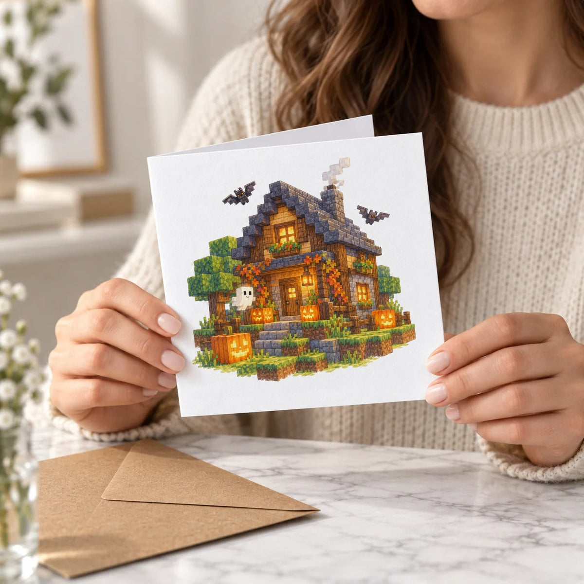 Blocky Fantasy Party - Halloween Cottage Greeting Card – Held Card