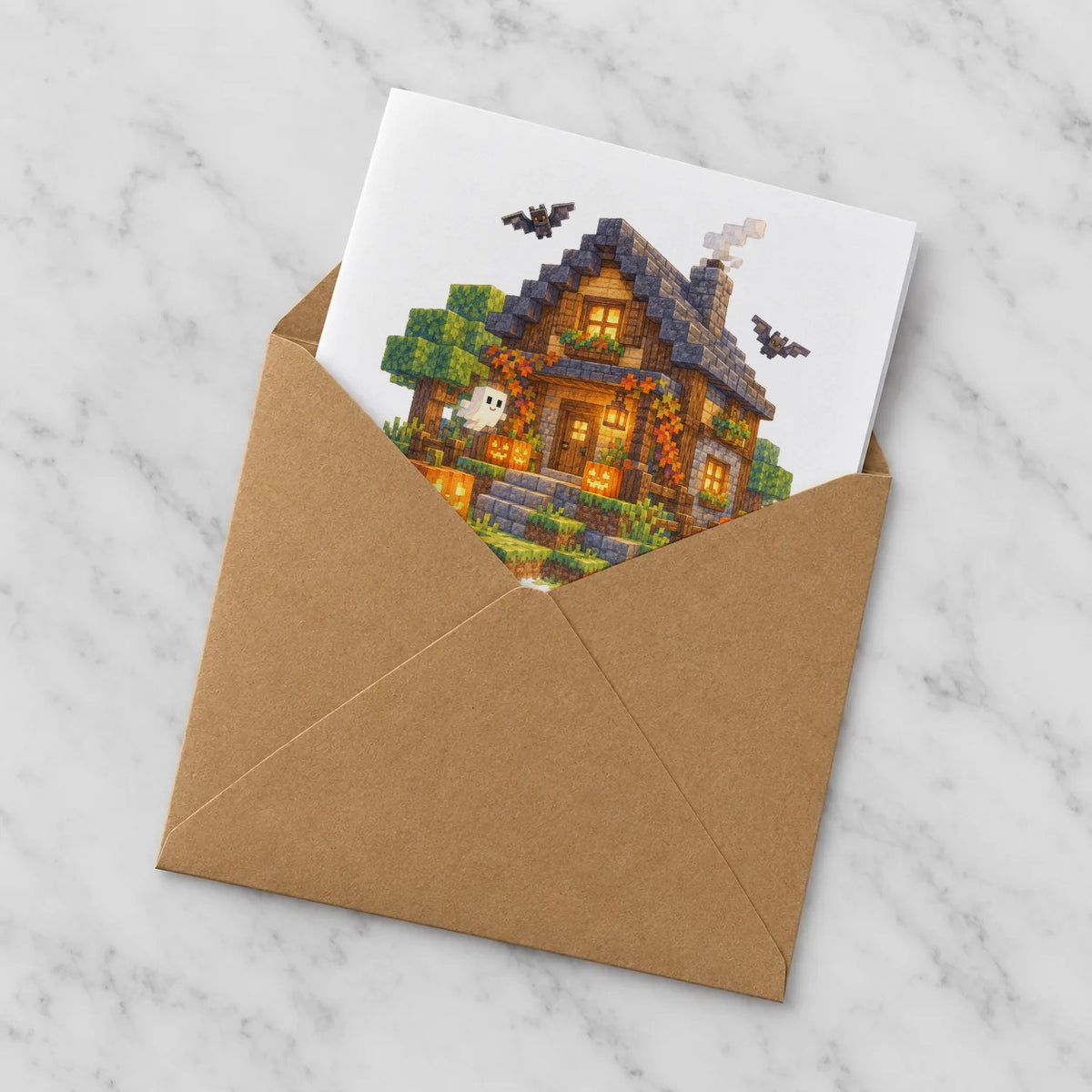 Blocky Fantasy Party - Halloween Cottage Greeting Card – Half in Envelope