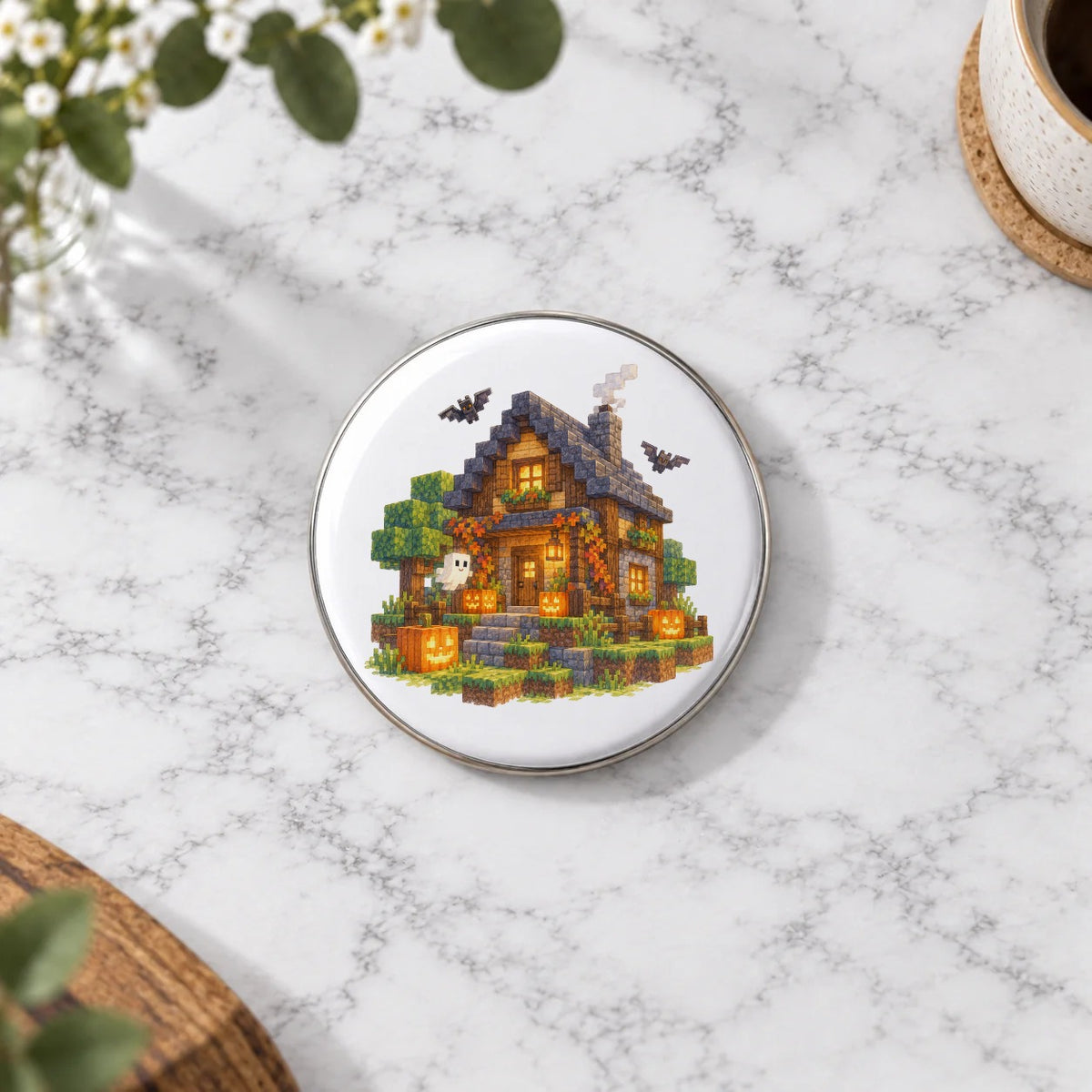 Blocky Fantasy Party - Halloween Cottage Greeting Card – Large Badge