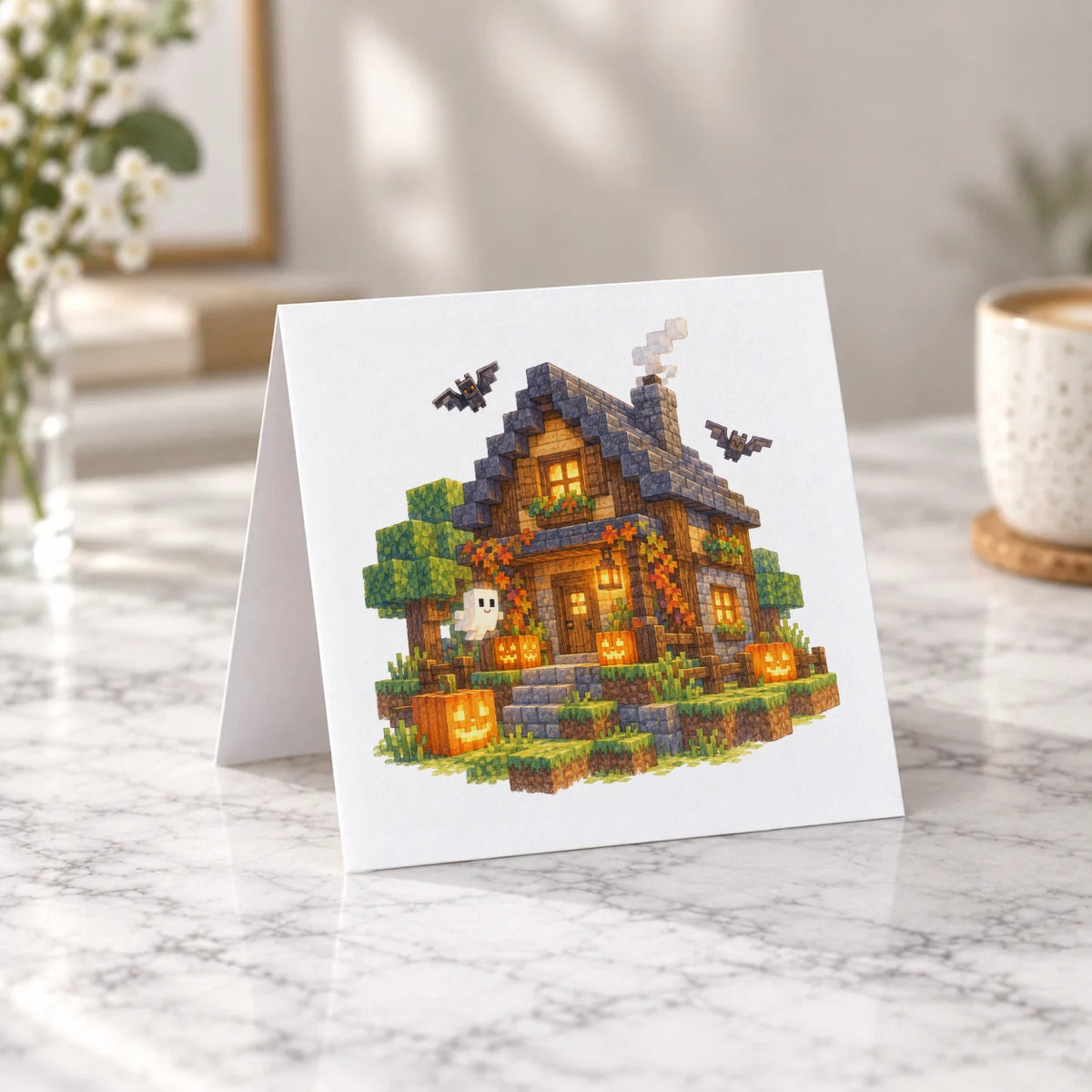 Blocky Fantasy Party - Halloween Cottage Greeting Card – Tent Fold