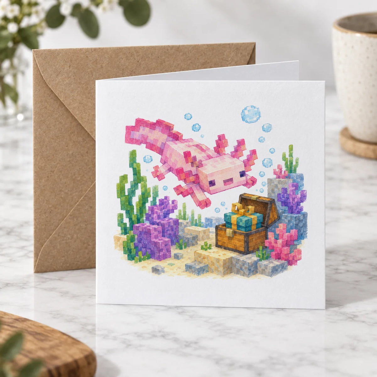 Blocky Fantasy Party - Pink Axolotl Treasure Adventure Greeting Card – Hero