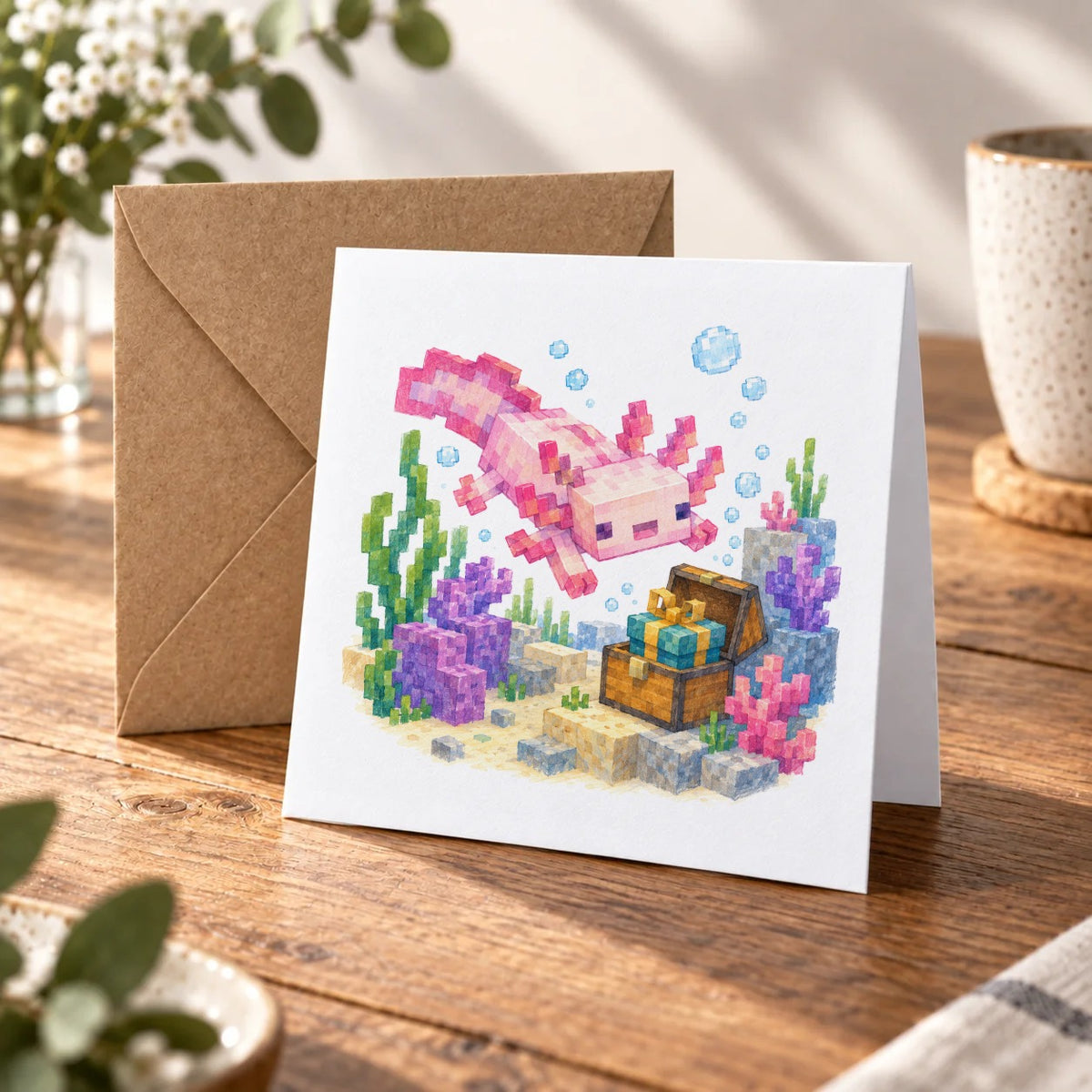 Blocky Fantasy Party - Pink Axolotl Treasure Adventure Greeting Card – Warm Wood