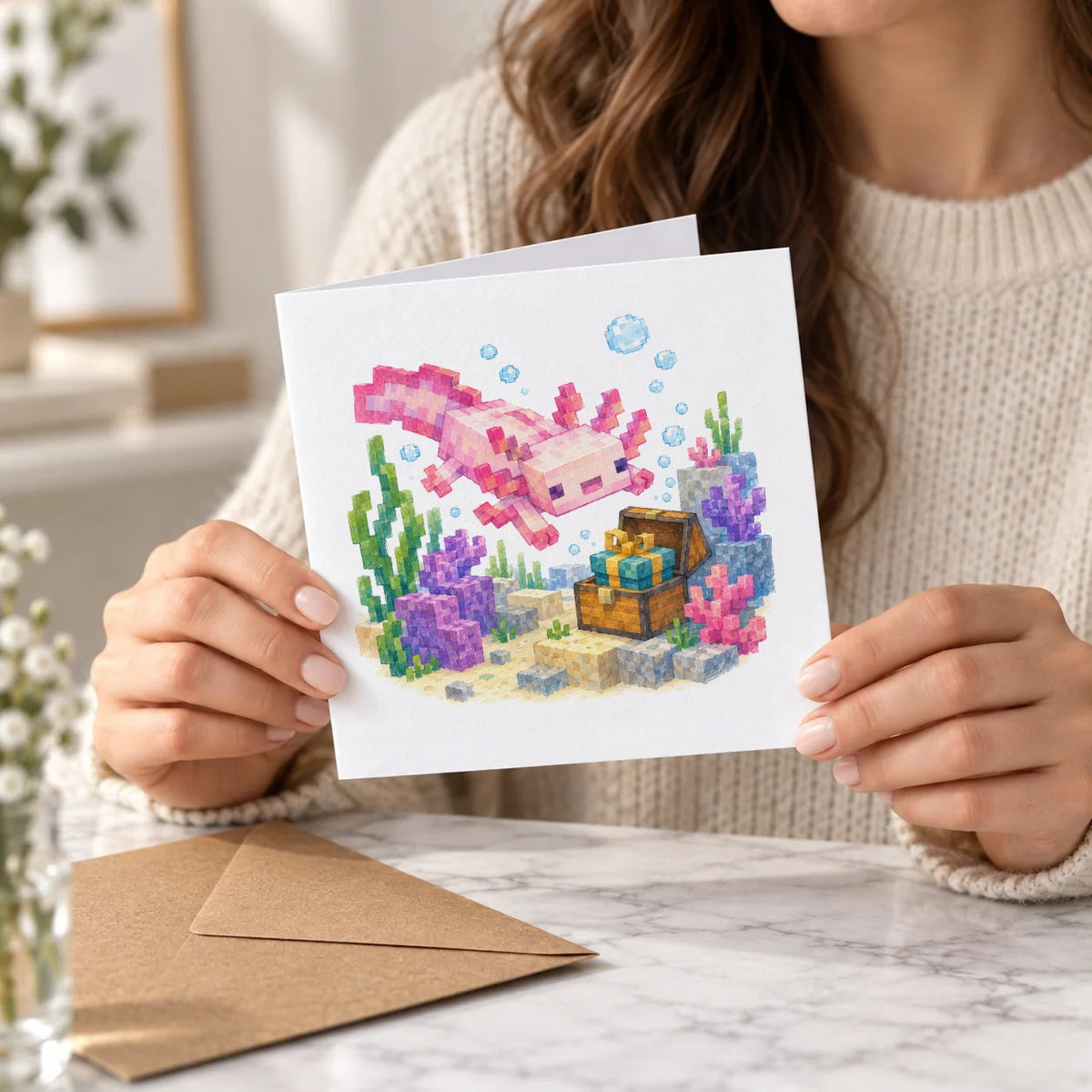 Blocky Fantasy Party - Pink Axolotl Treasure Adventure Greeting Card – Held Card