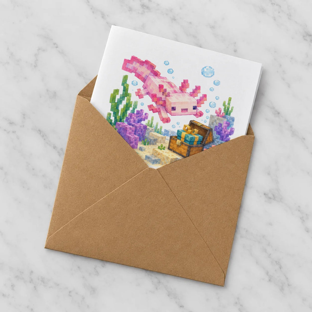 Blocky Fantasy Party - Pink Axolotl Treasure Adventure Greeting Card – Half in Envelope