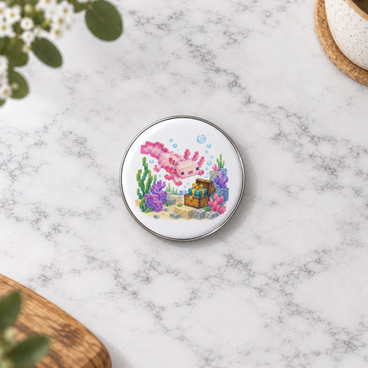 Blocky Fantasy Party - Pink Axolotl Treasure Adventure Greeting Card – Small Badge