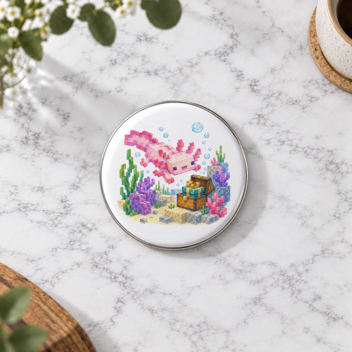 Blocky Fantasy Party - Pink Axolotl Treasure Adventure Greeting Card – Large Badge