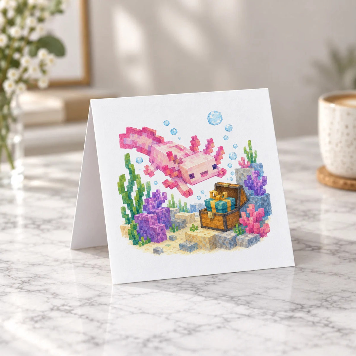 Blocky Fantasy Party - Pink Axolotl Treasure Adventure Greeting Card – Tent Fold