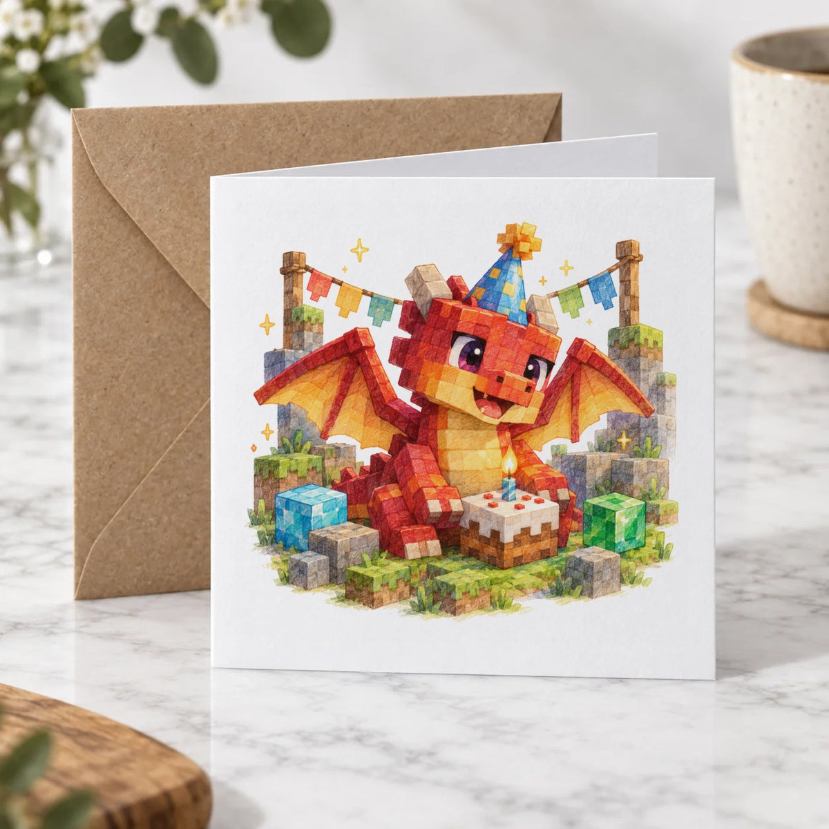 Blocky Fantasy Party - Red Dragon Birthday Party Greeting Card – Hero