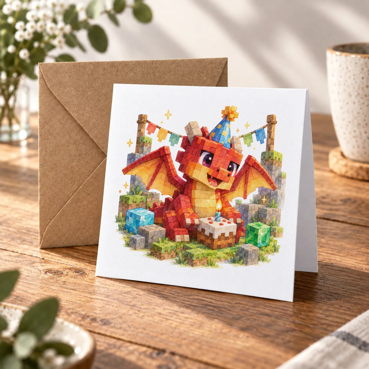 Blocky Fantasy Party - Red Dragon Birthday Party Greeting Card – Warm Wood