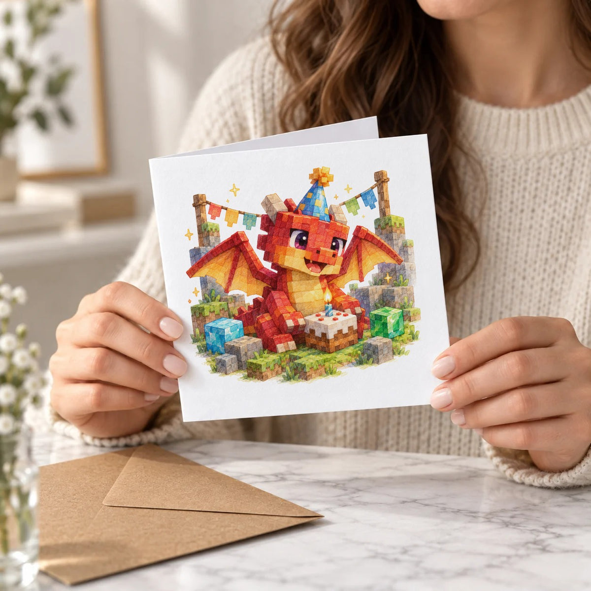 Blocky Fantasy Party - Red Dragon Birthday Party Greeting Card – Held Card