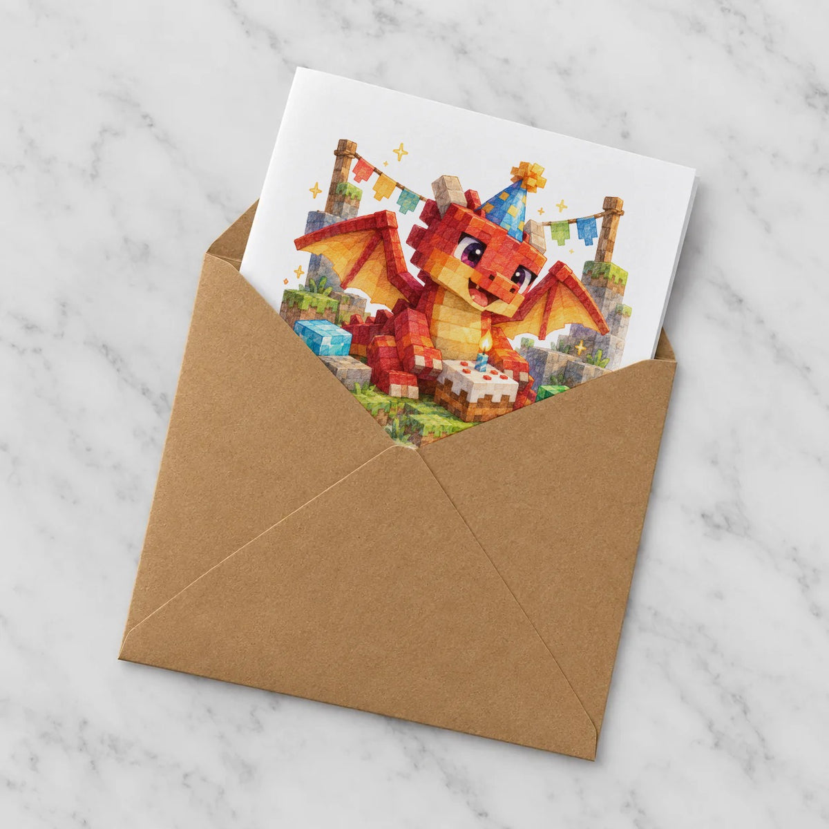 Blocky Fantasy Party - Red Dragon Birthday Party Greeting Card – Half in Envelope