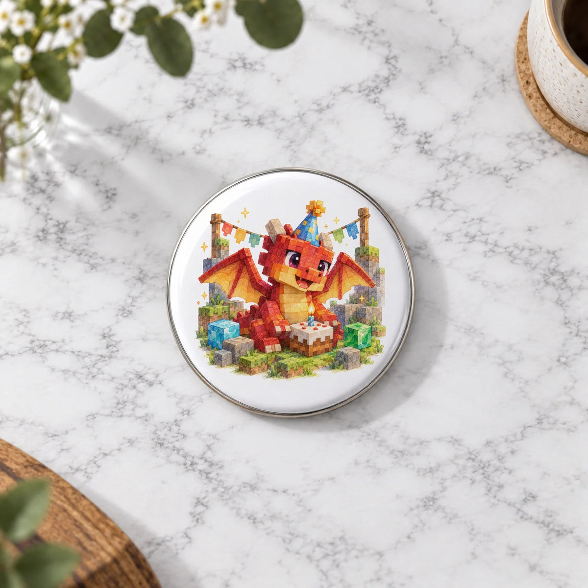 Blocky Fantasy Party - Red Dragon Birthday Party Greeting Card – Large Badge