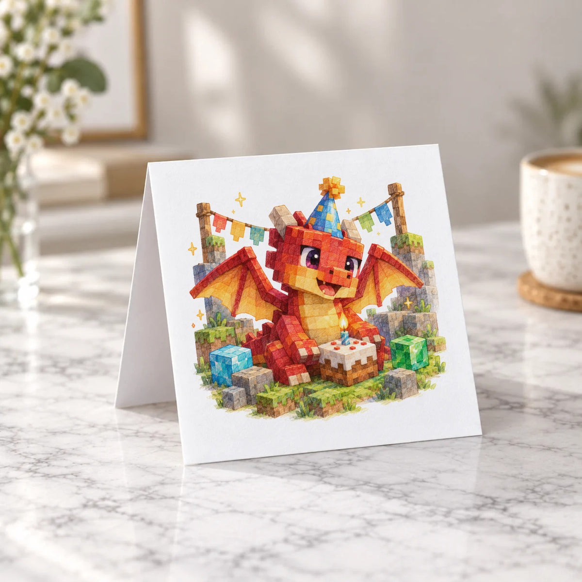 Blocky Fantasy Party - Red Dragon Birthday Party Greeting Card – Tent Fold