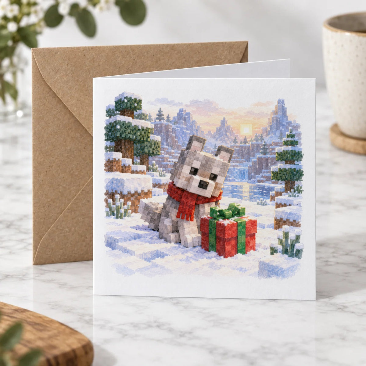 Blocky Fantasy Party - Winter Wolf and Present Greeting Card – Hero