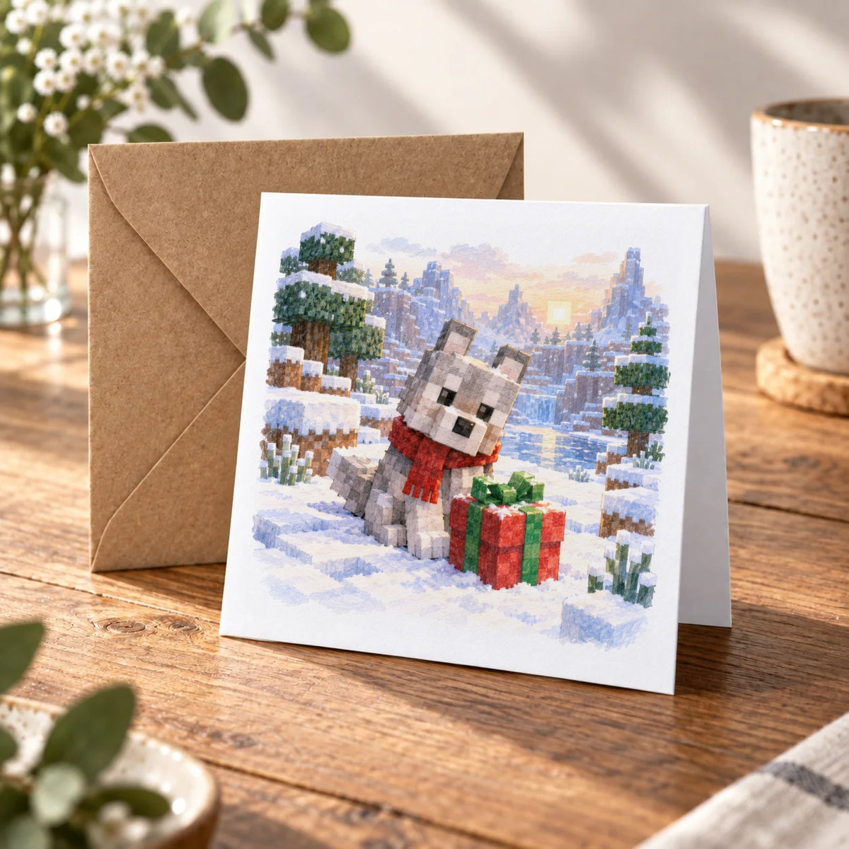 Blocky Fantasy Party - Winter Wolf and Present Greeting Card – Warm Wood