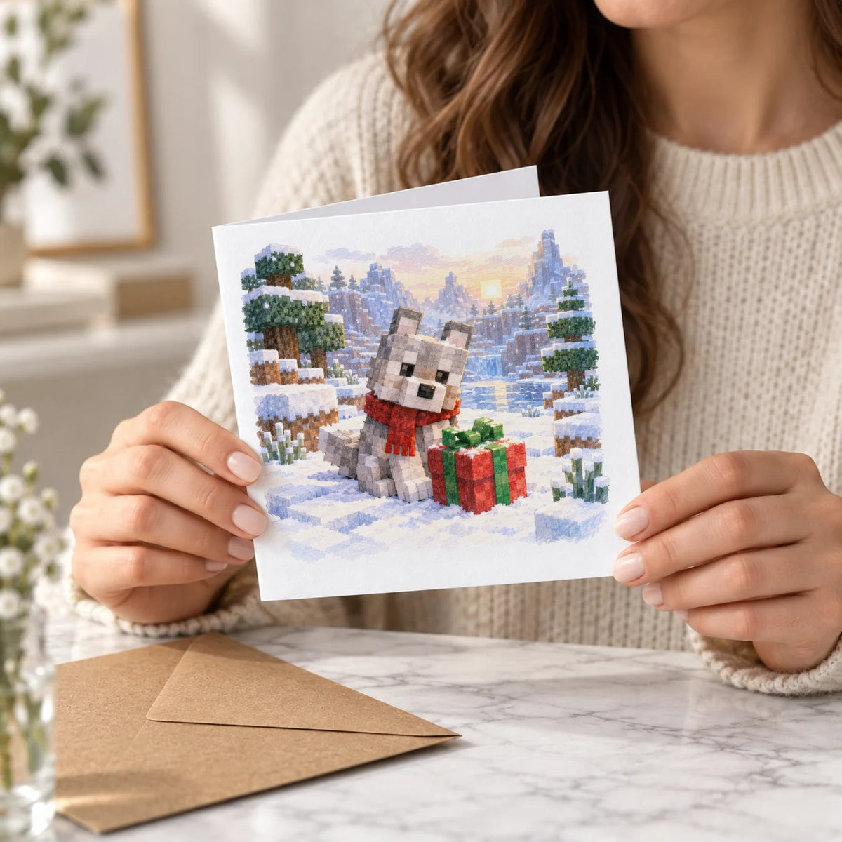 Blocky Fantasy Party - Winter Wolf and Present Greeting Card – Held Card