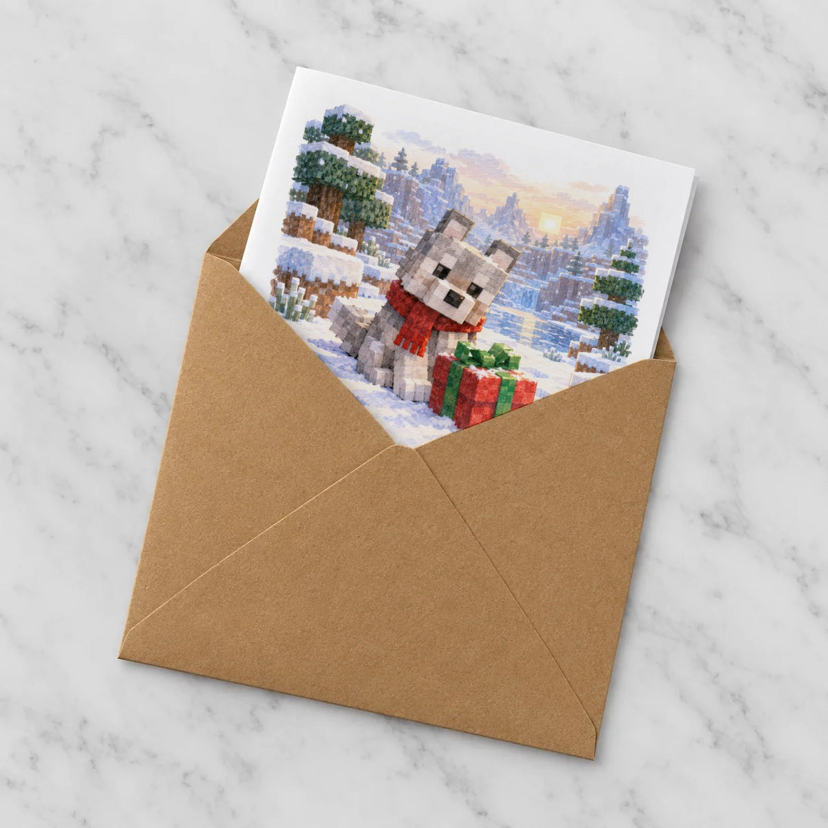 Blocky Fantasy Party - Winter Wolf and Present Greeting Card – Half in Envelope