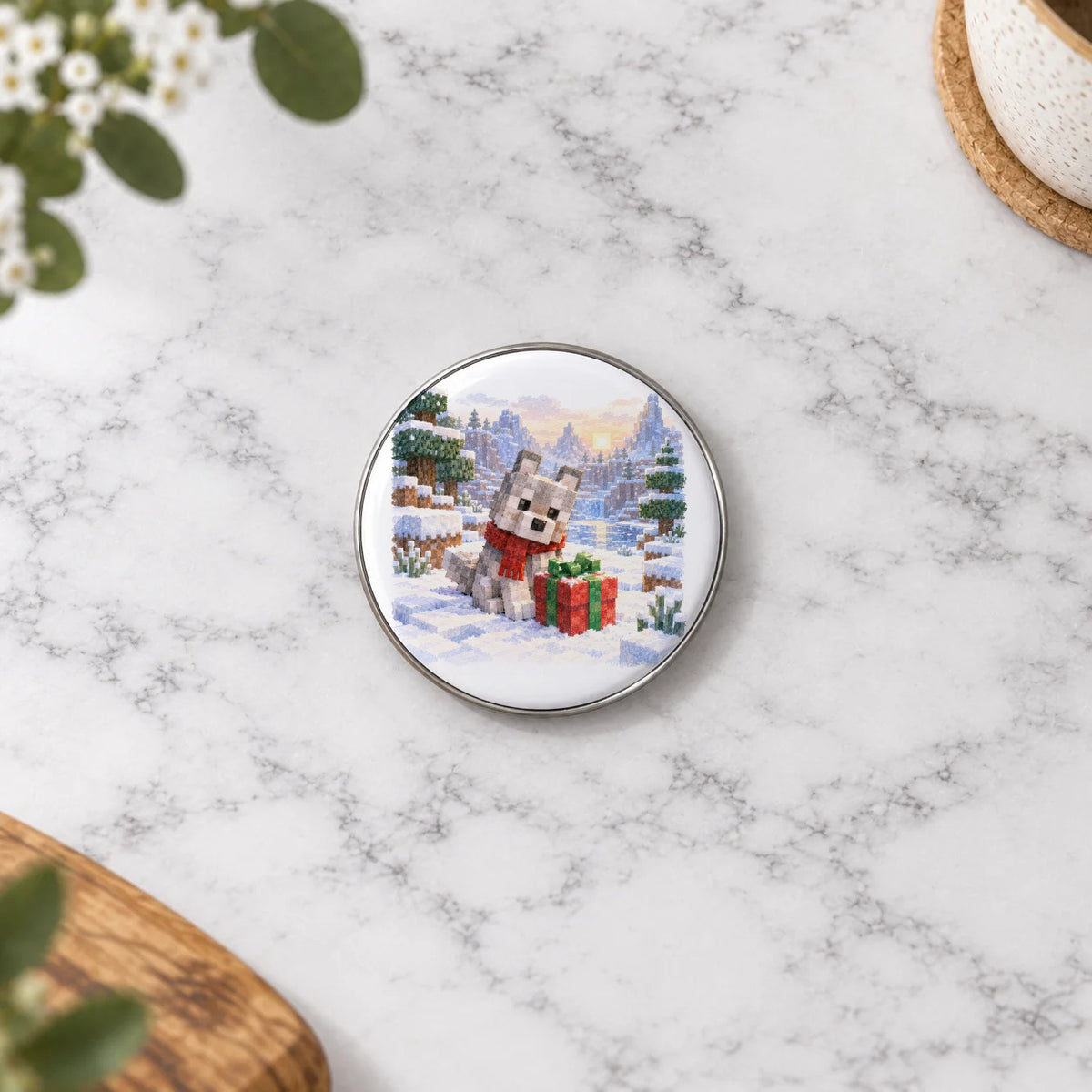 Blocky Fantasy Party - Winter Wolf and Present Greeting Card – Small Badge