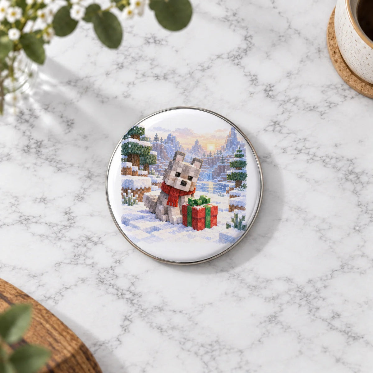 Blocky Fantasy Party - Winter Wolf and Present Greeting Card – Large Badge