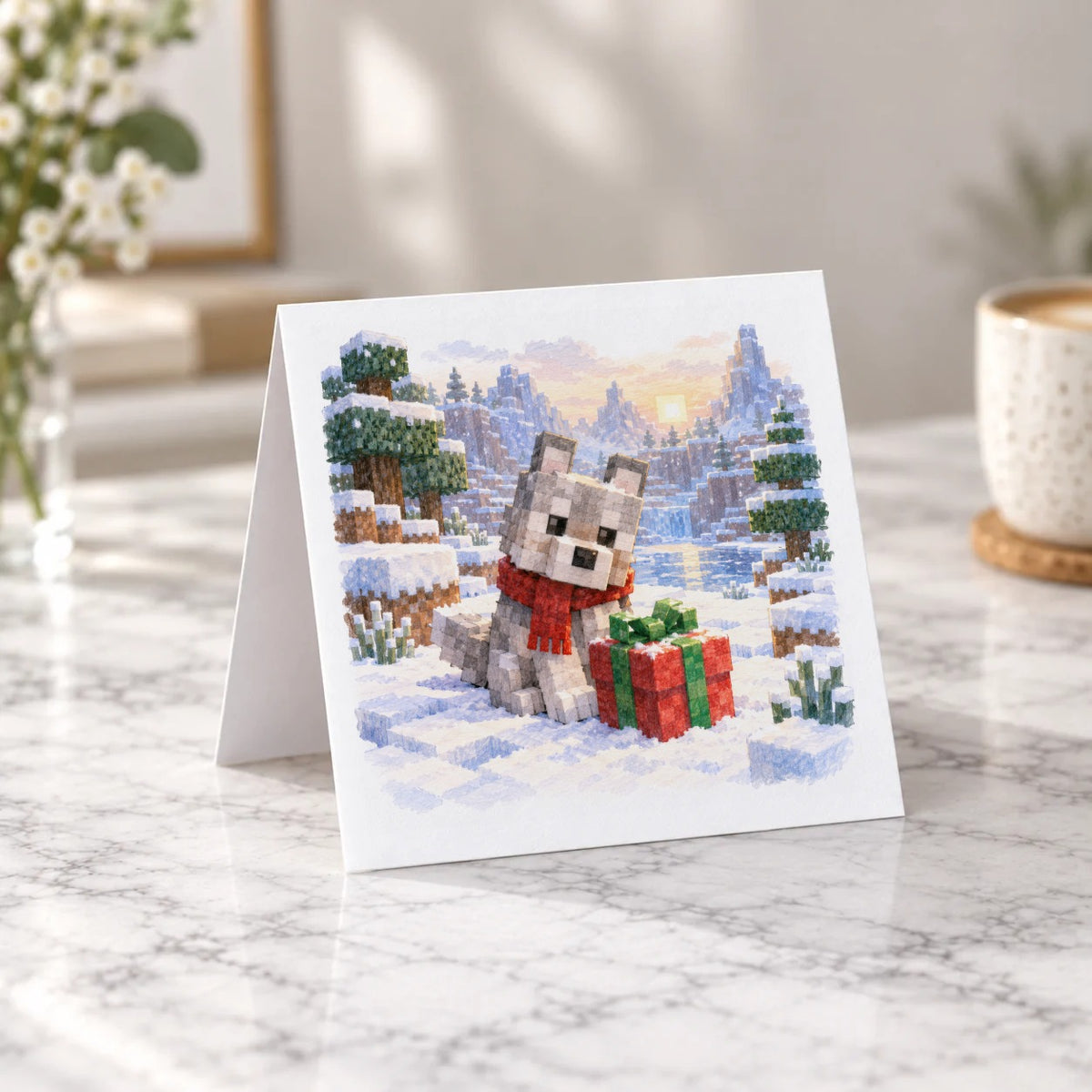 Blocky Fantasy Party - Winter Wolf and Present Greeting Card – Tent Fold