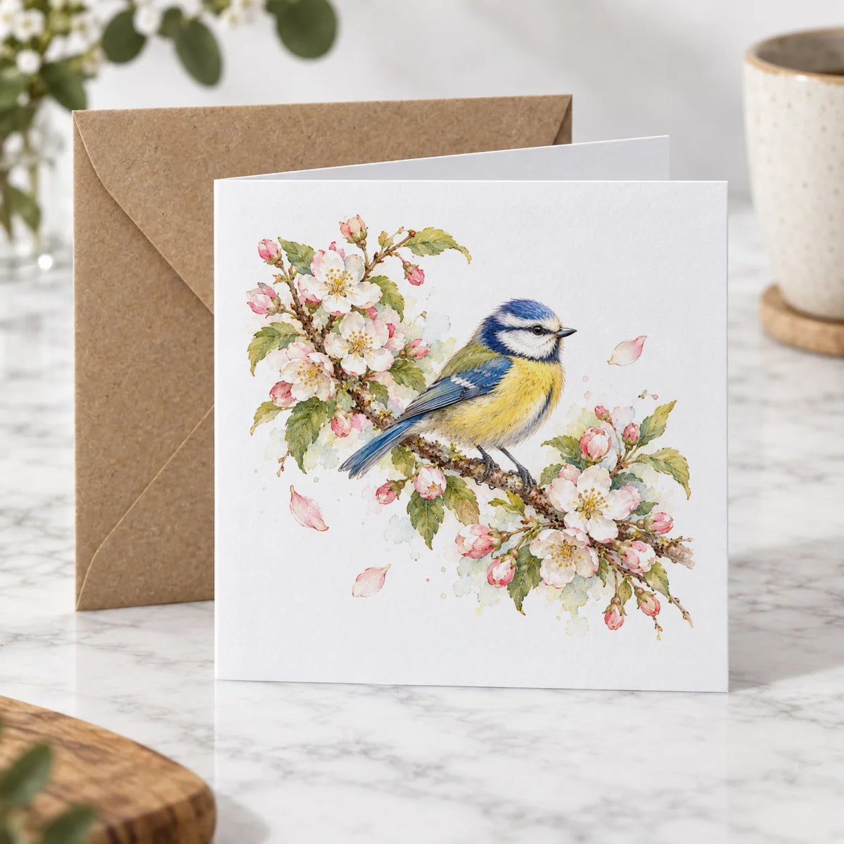 Blue Tit on a Blossom Branch Greeting Card – Hero