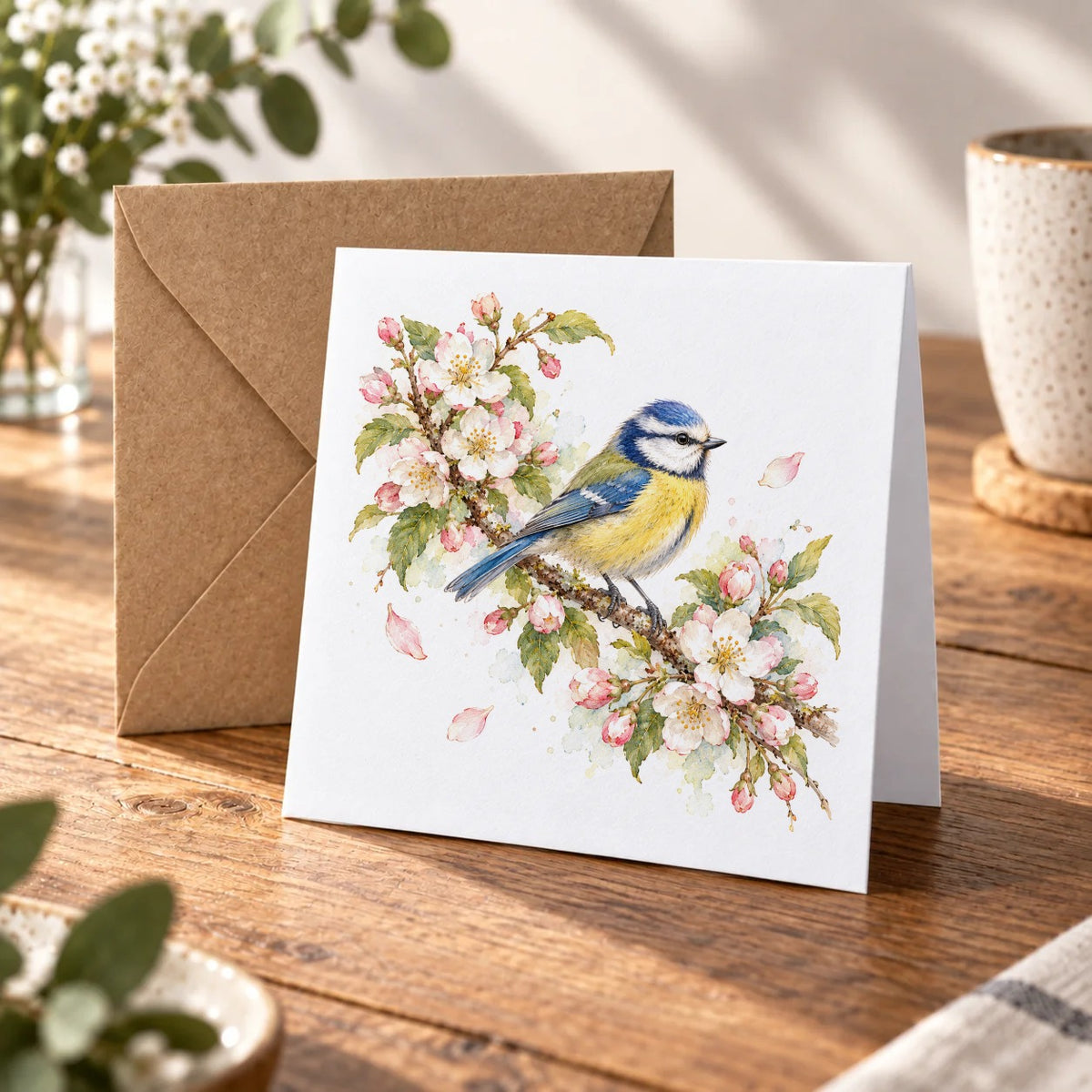 Blue Tit on a Blossom Branch Greeting Card – Warm Wood