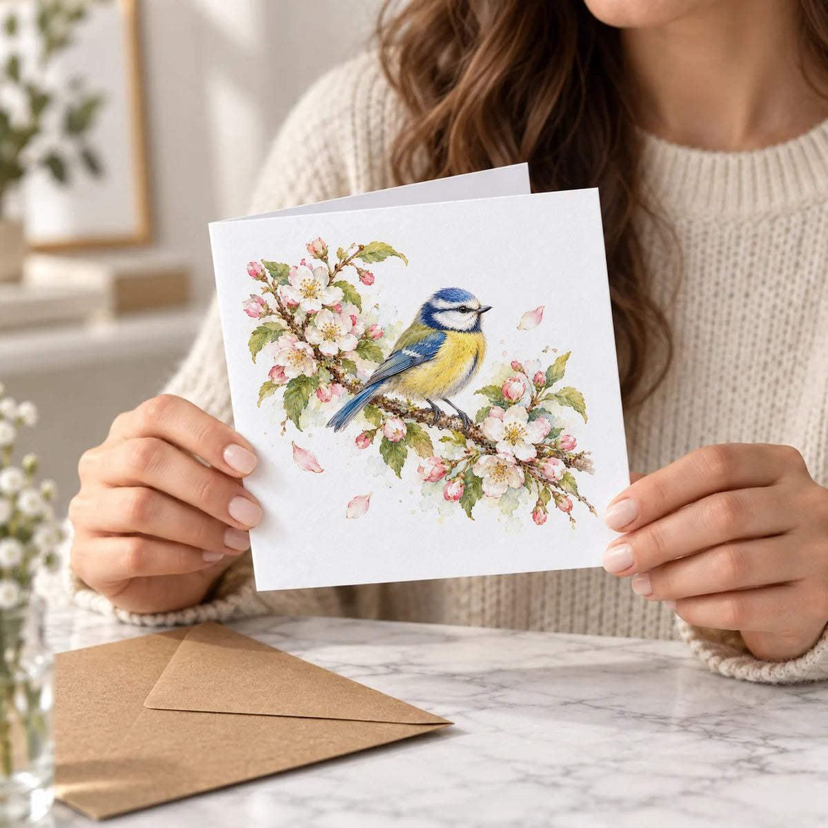 Blue Tit on a Blossom Branch Greeting Card – Held Card