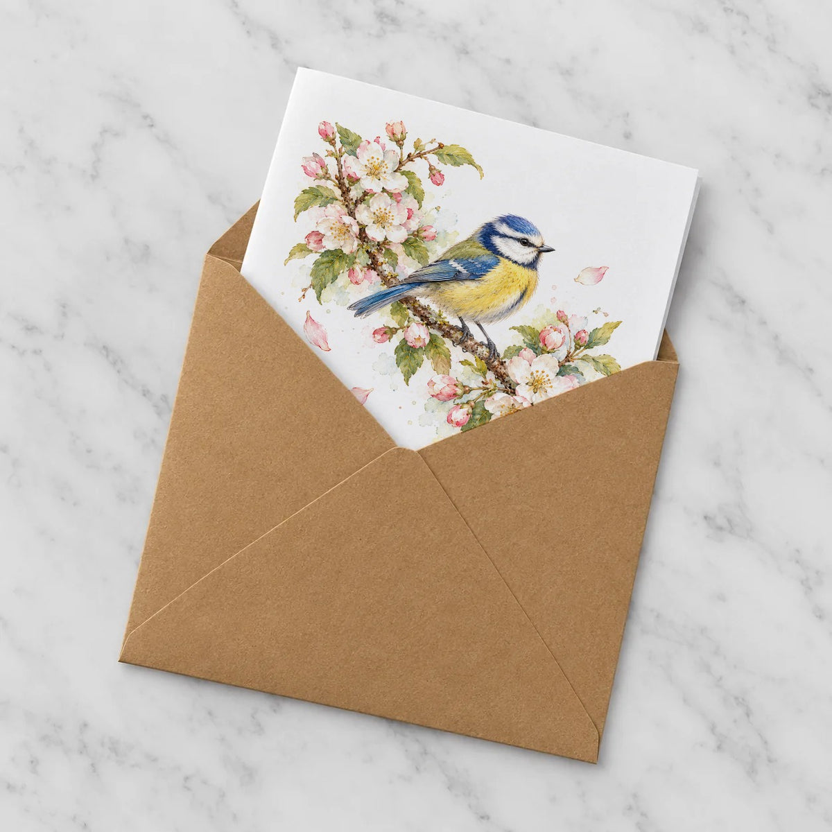 Blue Tit on a Blossom Branch Greeting Card – Half in Envelope