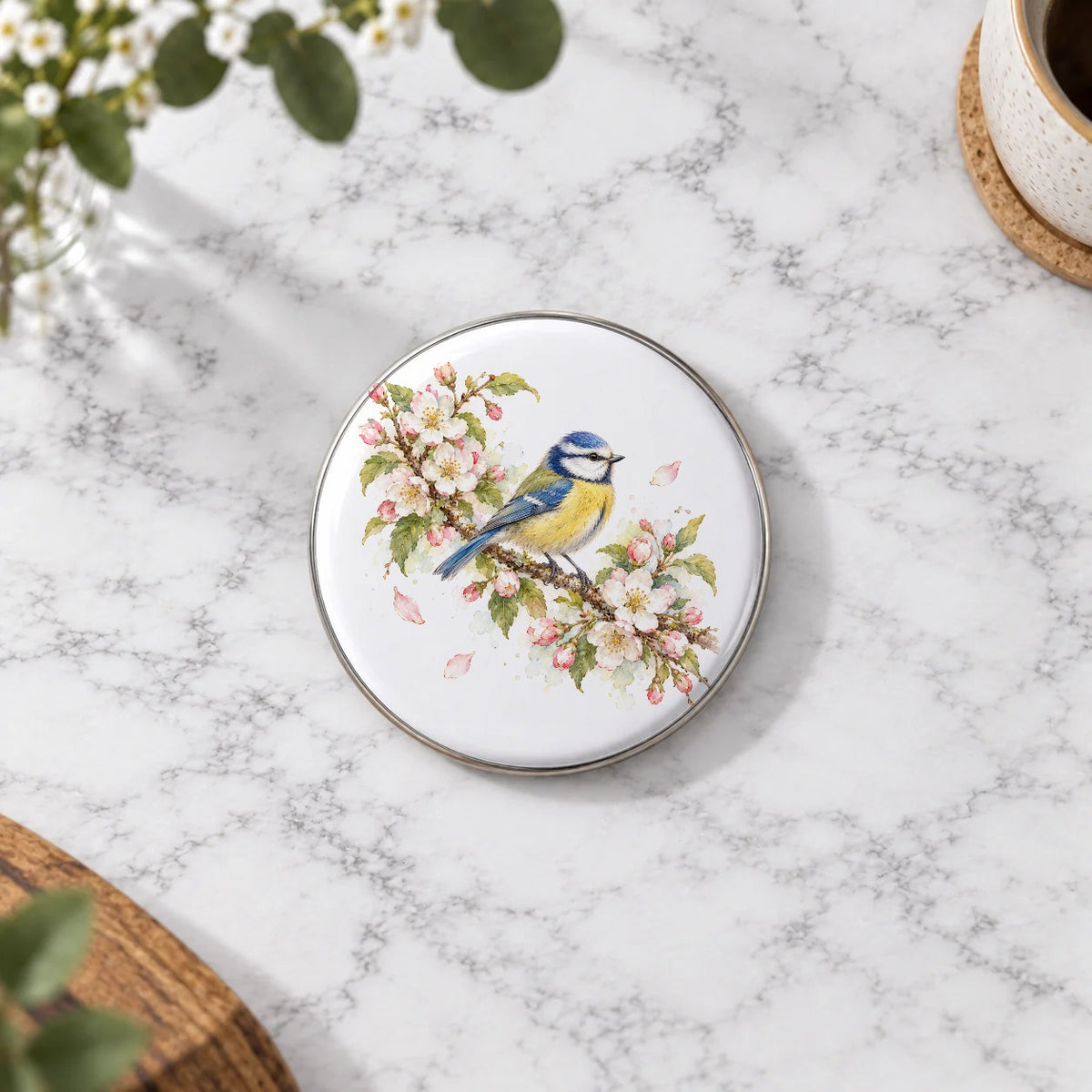 Blue Tit on a Blossom Branch Greeting Card – Large Badge