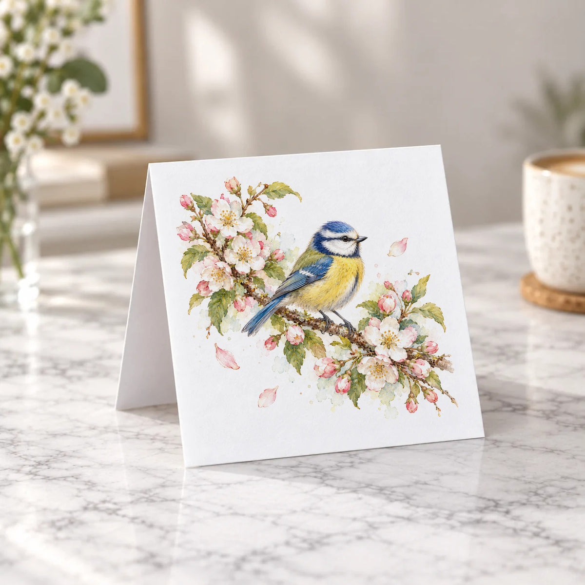Blue Tit on a Blossom Branch Greeting Card – Tent Fold