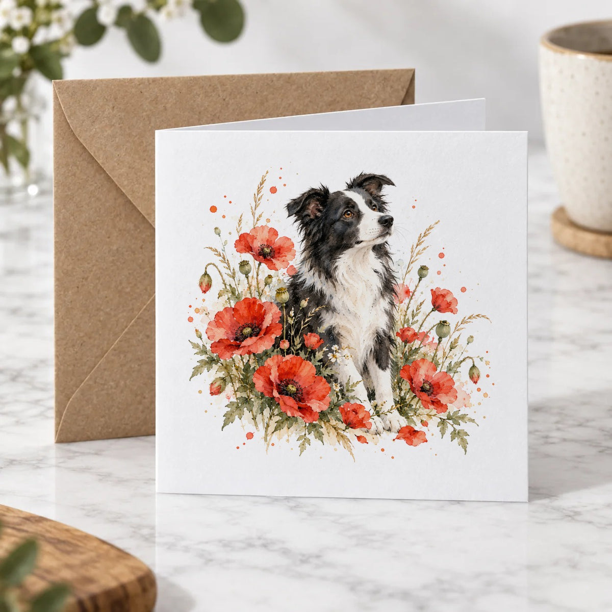 Border Collie Among Scarlet Poppies Greeting Card – Hero