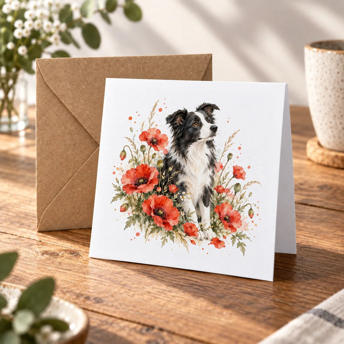 Border Collie Among Scarlet Poppies Greeting Card – Warm Wood