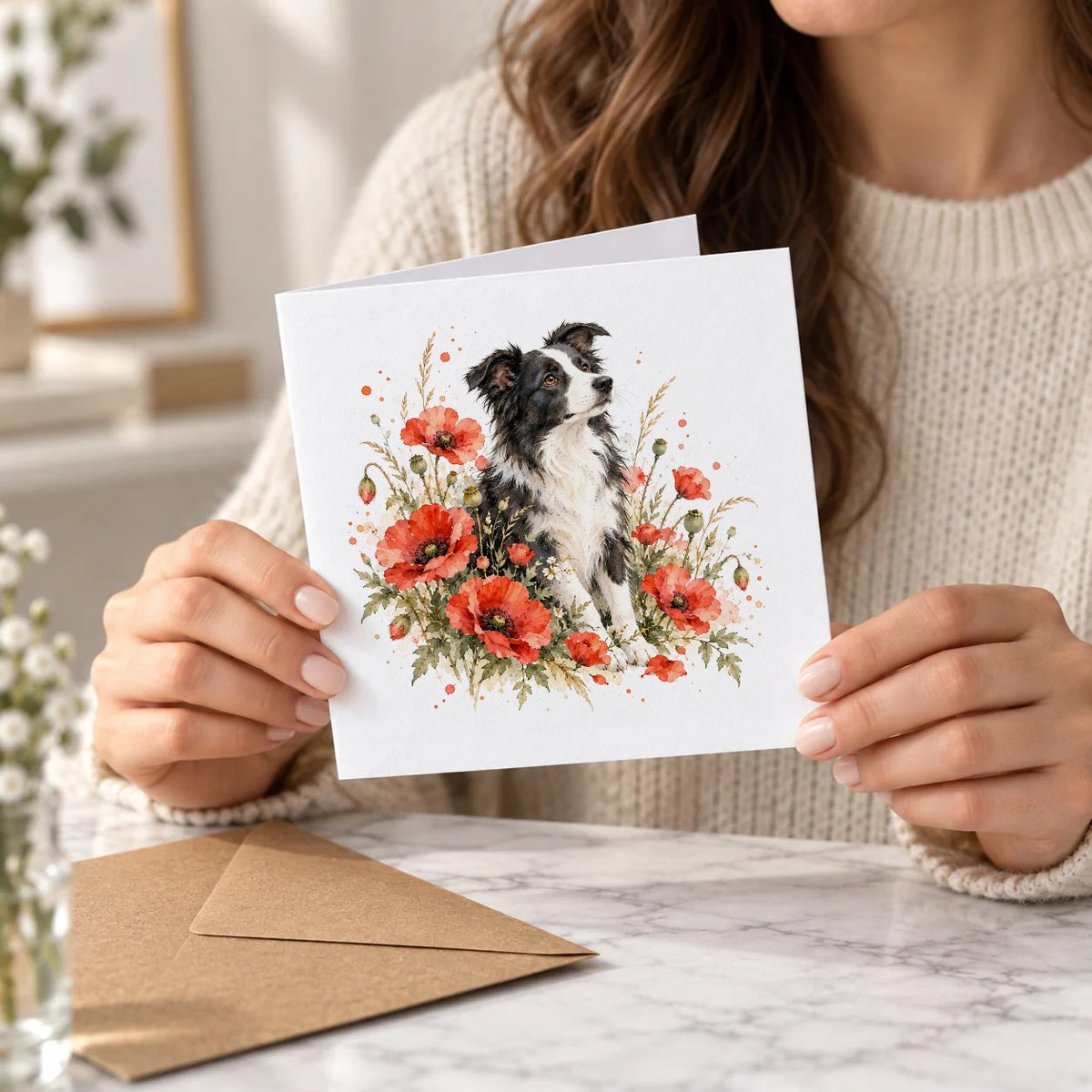 Border Collie Among Scarlet Poppies Greeting Card – Held Card