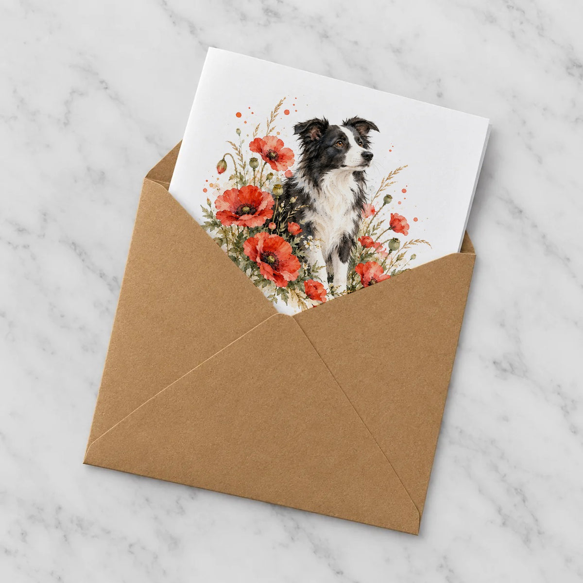 Border Collie Among Scarlet Poppies Greeting Card – Half in Envelope