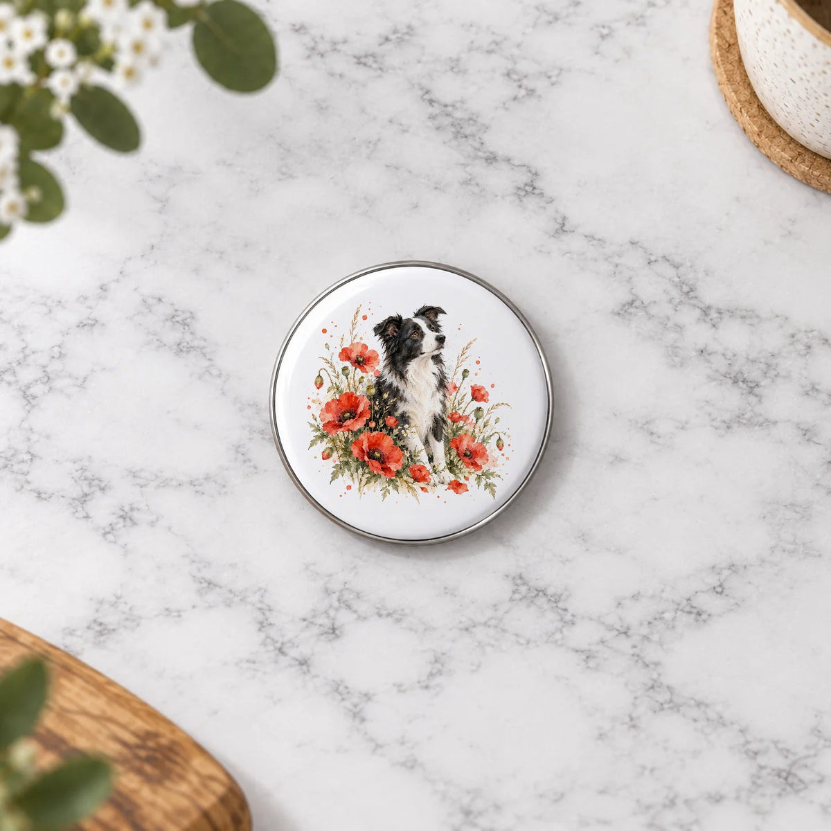 Border Collie Among Scarlet Poppies Greeting Card – Small Badge